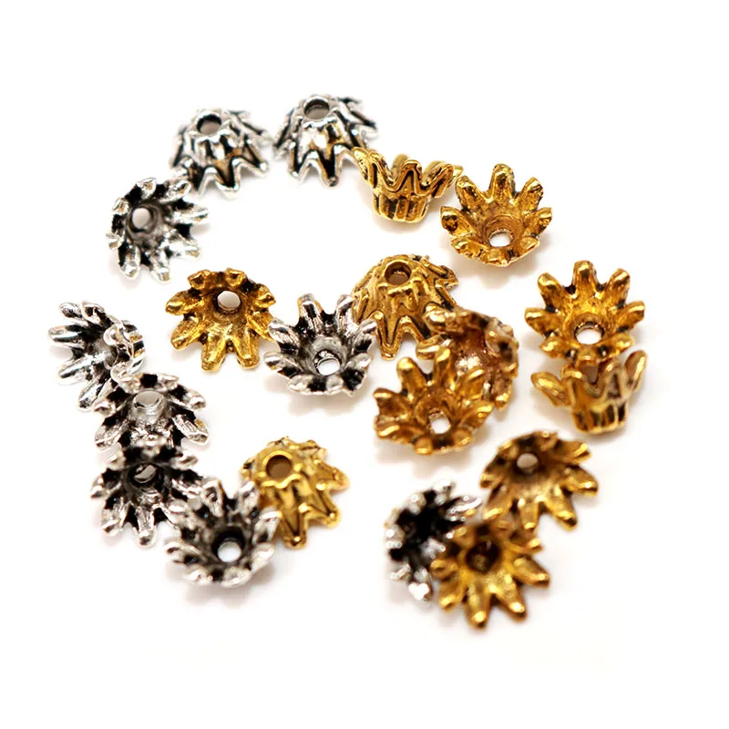 

8MM 100pcs/lot Zinc Alloy Metal Bead Caps Charms Needlework Tibetan Silver Plated Gold Flower End Beads Caps Jewelry Accessories