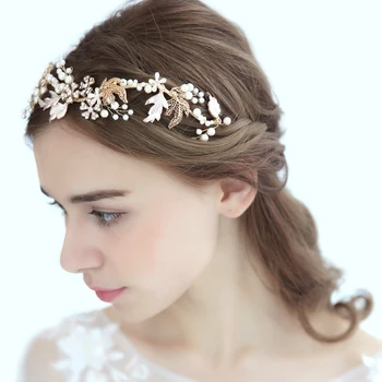 

Pearl Wedding Hair Accessories Bridal Headbands Alloy Leaf Tiara Hair Vine Handmade Bridal Headpiece Fashion Jewelry For Bride