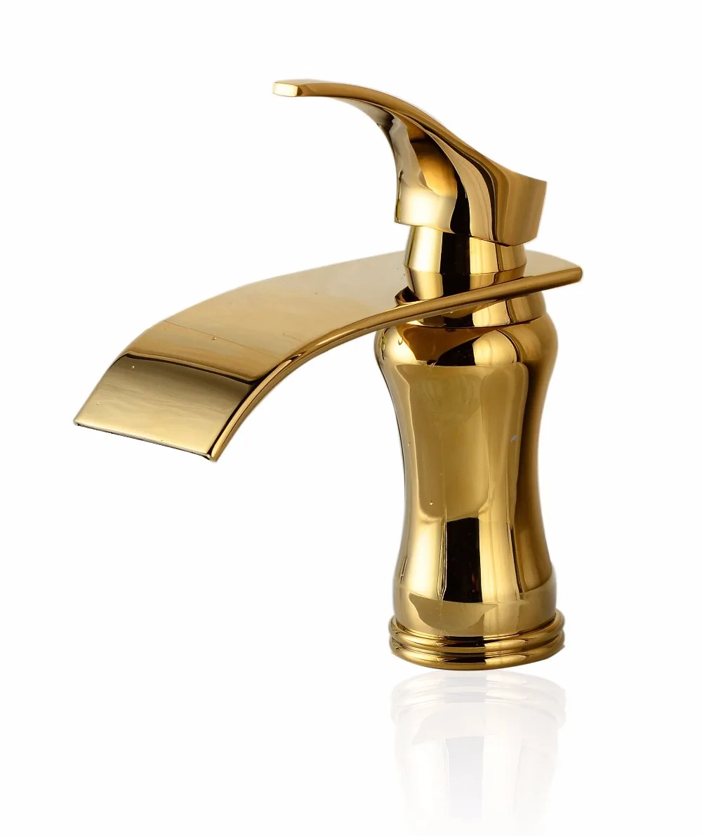 

Luxury Waterfall Gold Crane Bathroom Sink Faucet Hot and Cold Water Mixer Tap Copper Basin Sink Faucets