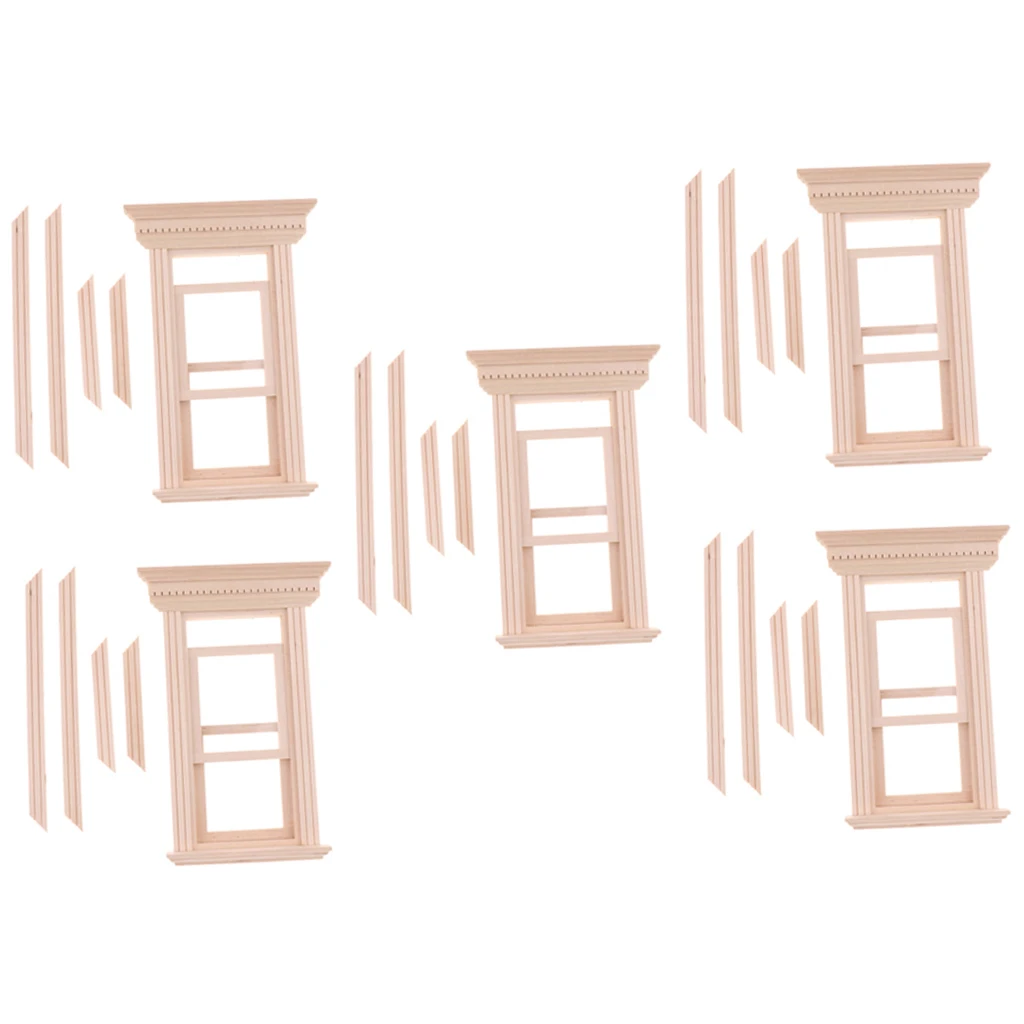 5 Set Unpainted 1/12 Dolls House Miniature Wooden Movable 2-Pane Sash Window Model DIY Making Accessory Collections