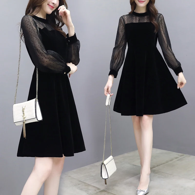 new mesh lace midi dress women gold velvet dress spring and autumn black Party dress French retro dresses robe femme clothes new mesh lace midi dress women gold velvet dress spring and autumn black Party dress French retro dresses robe femme clothes