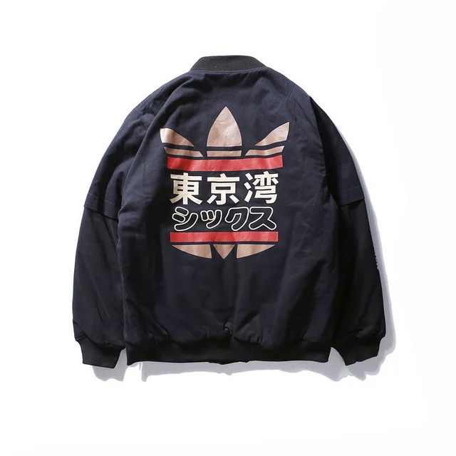 

Drop Shipping Men HIp Hop Tokyo Bay Print Jackets Autumn Japanese Street Kanji Cotton Coat Jacket Stand Collar Bomber Jacket