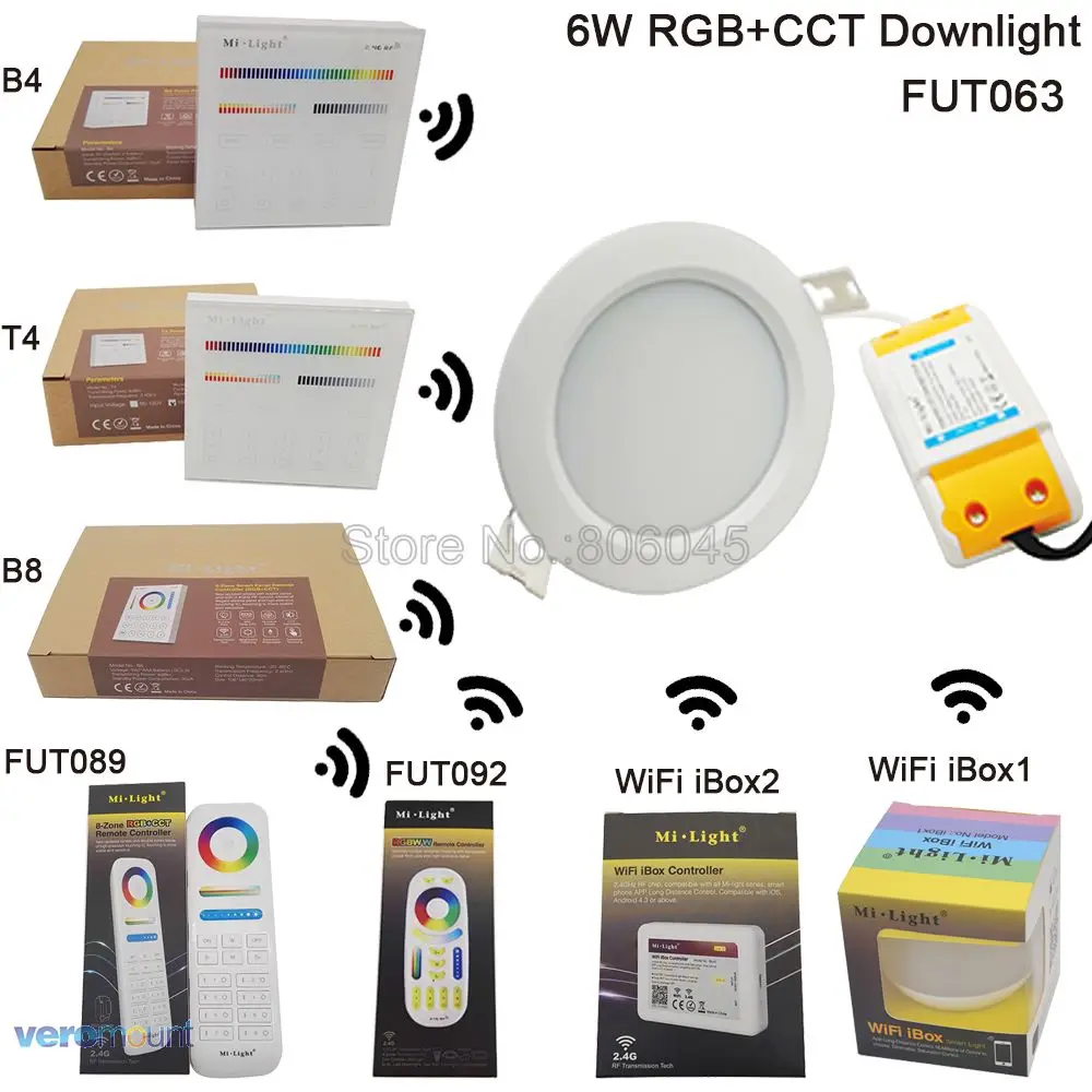 

MiLight FUT063 6W RGB+CCT LED Ceiling Spotlight Waterproof Reccessed Light AC85-265V WiFi Compatible 2.4G 4-Zone Wireless Remote