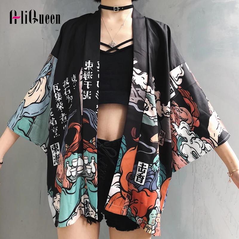 

Harajuku Japanese Kimono Women Tops Fashion Sunscreen Thin Loose Blouse 2019 Summer Chimono Print Shirts Yukata Cosplay Clothes