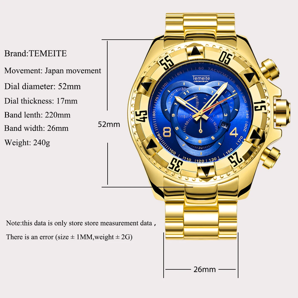 TEMEITE спортивные золотые мужские большие часы лучший бренд класса люкс 3D циферблат синий луч зеркало календарь Модные мужские кварцевые наручные часы