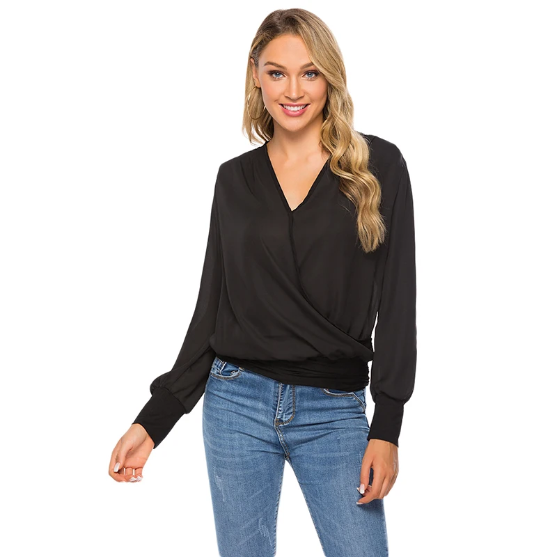 Good Quality Spring Women V-neck Shoulder Pleated long-sleeved Top Sexy Ladies Casual Loose Shirts Women Clothing New Arrivals