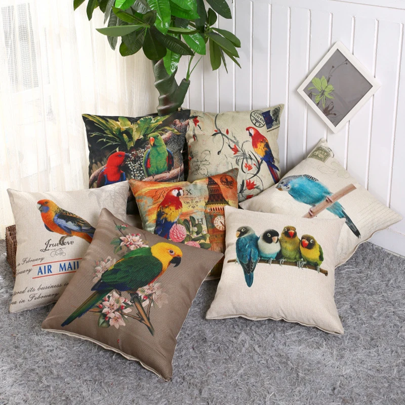 

Cartoon Parrot Cushion Cover Cotton Linen Decorative Pillowcase Chair Seat Square 45x45cm Pillow Cover Home Living Textile