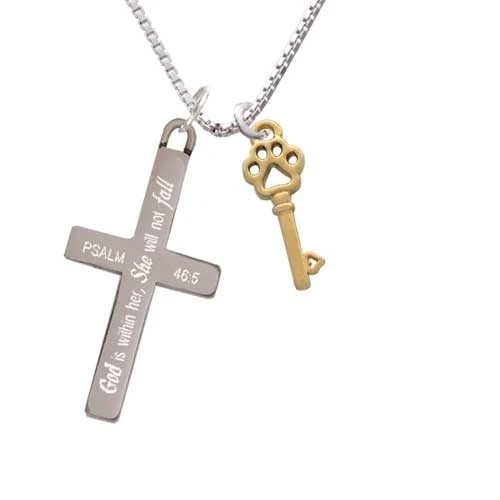 Small Gold Tone Open Paw Key - She will not Fall - Cross Necklace (1)