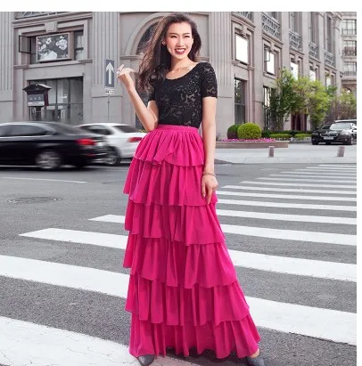 

Clearance ! Women's Summer Long Chiffon Skirts Solid Color Multi-layers Holiday Beach Maxi Skirts