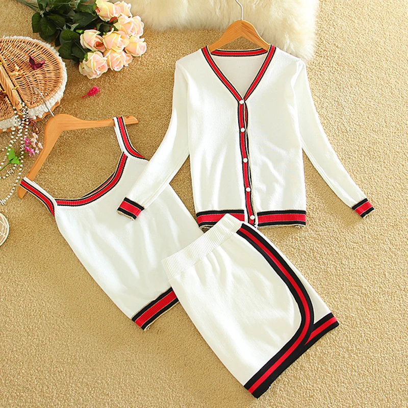 

3 Piece Set Women Knitted Suit 2019 Autumn Winter Striped Womens Sweater Set Long Sleeve Cardigan with Knit Top and Mini Skirt