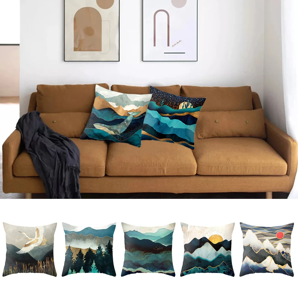 

45x45cm Oil Painting Mountain Forest Whale Polyester Cushion Cover Indian Style Blue Home Decorative Pillowcase For Sofa/car B4