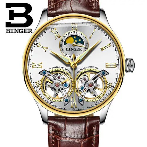 Двойной Tourbillon, швейцарские мужские часы, BINGER, оригинальные автоматические часы, мужские Модные механические наручные часы, кожаные часы - Цвет: Gold white B8606A br