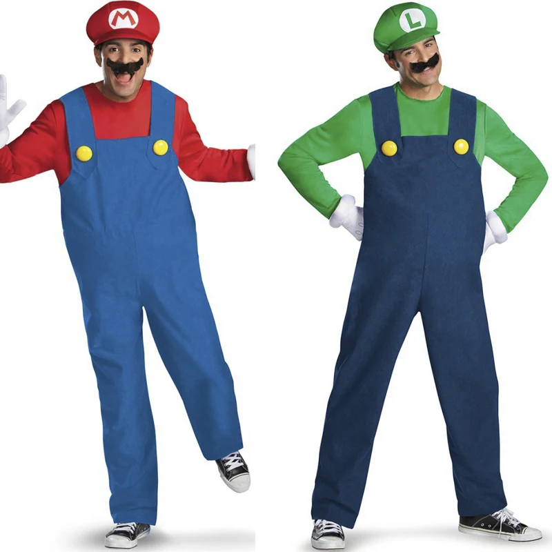 

Adult Super Plumber Bros 80s Video Game Costume Mario & Luigi Workman Fancy Dress Shirt Rompers Hat Set