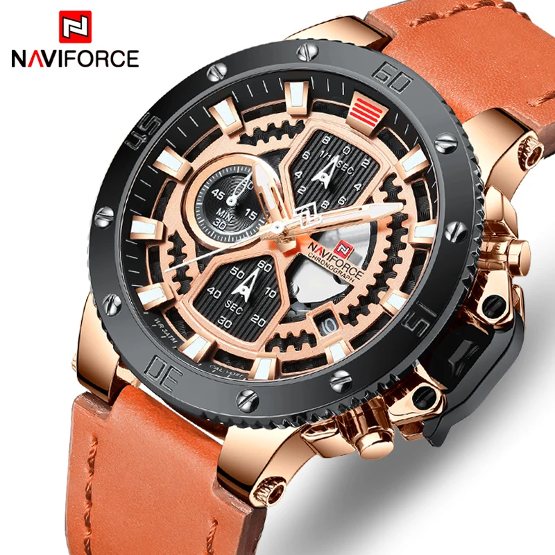 Лидирующий бренд NAVIFORCE Роскошные мужские часы кварцевые кожаные военные