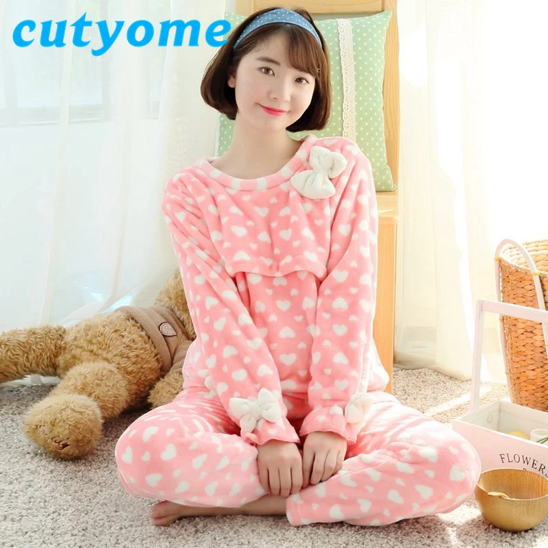 Plus Size Winter Maternity Pajamas Set Cutyome Long Sleeve Flannel