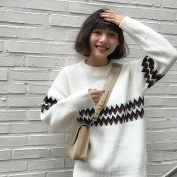 

Women's Retro Printed Long Sleeve Knitted Sweater 2019 Autumn Winter O-Neck Loose Pullover Jumper Woman Casual Sweaters