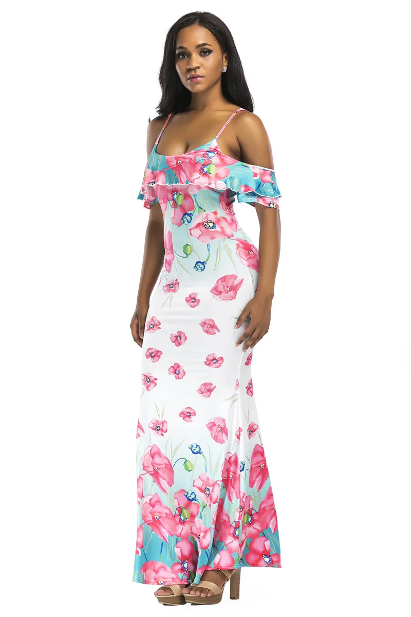 2019 New Ruffles Maxi Dress Floral Print Sexy Straped Off Shoulder Evening Party Clubwear Backless Spaghetti Strap Beach Dress (2)