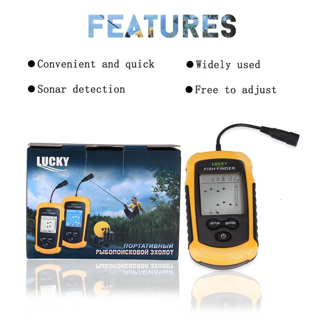 أعمق الأسماك سونار LCD صياد السمك محظوظ الاستشعار صدى إنذار عمق FishFinder المحمولة FF1108-1 سونار صياد السمك أسلم 0.7-100 m