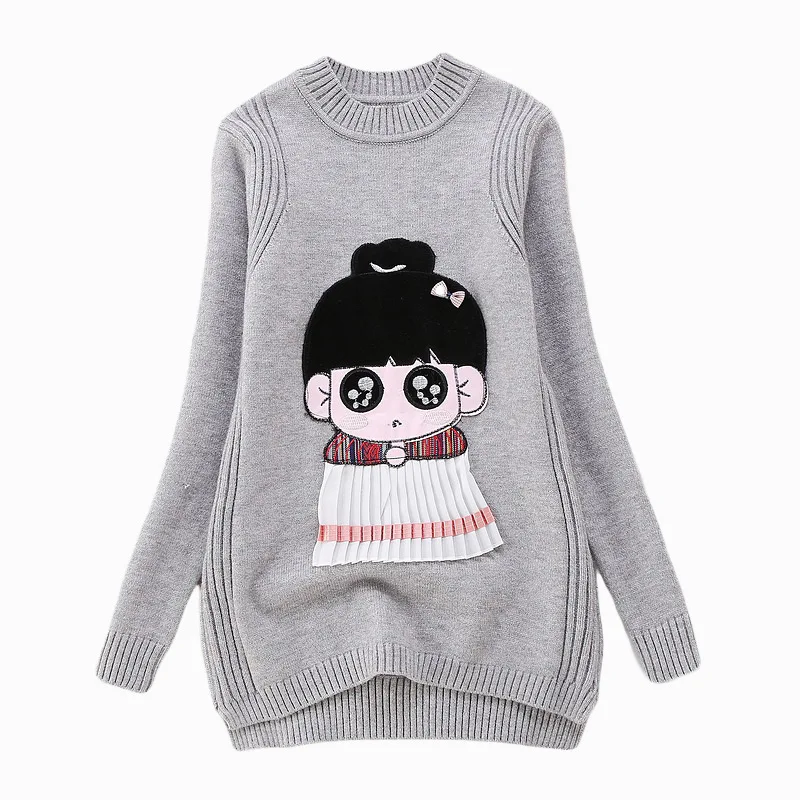 

8-16 Years New Girls Sweater Spring Autumn Big Doll Pattern Kids Sweater Solid Color Round Neck Handmade Sweaters Girls knitting