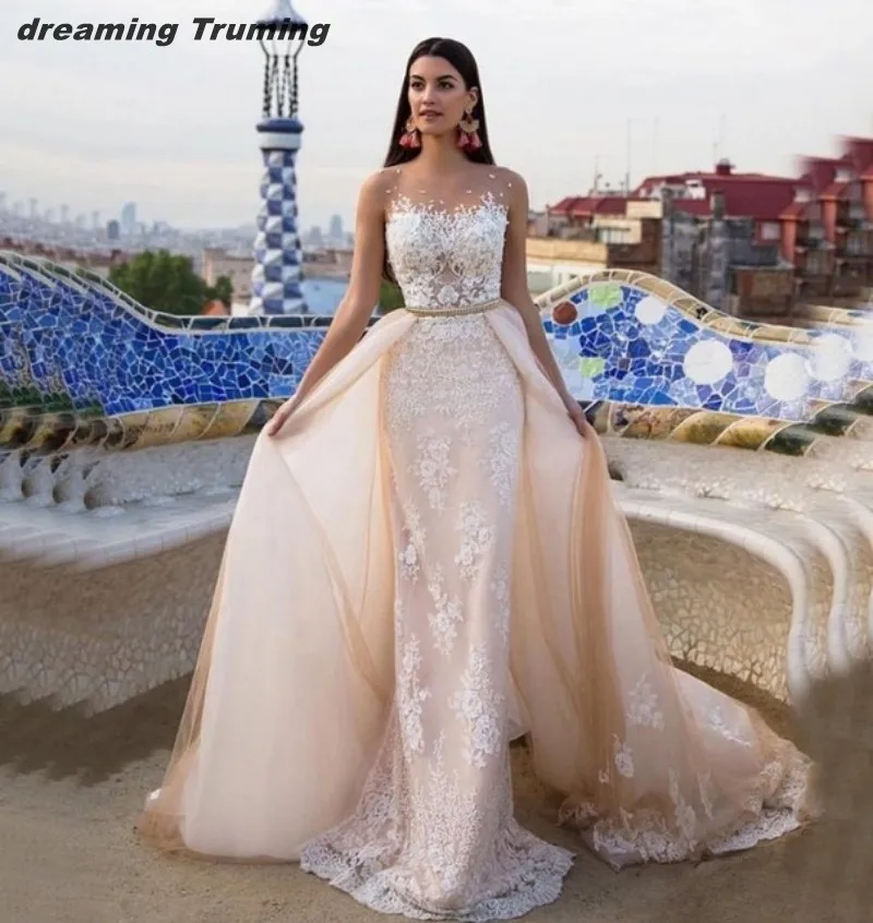 Fantastische Trouwjurk Afneembare Rok Applicaties Lace Sheer Hals Champagne Lange Mermaid Arabisch vestido de noiva sereia 2019 Fantastische Trouwjurk Afneembare Rok Applicaties Lace Sheer Hals Champagne Lange Mermaid Arabisch vestido de noiva sereia 2019