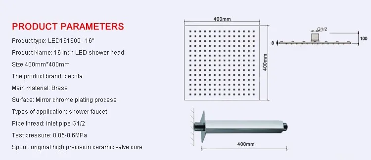 BECOLA 16 дюймов Твердый латунный хромированный светодиодный душ с душевой ручкой светодиодный 161600A