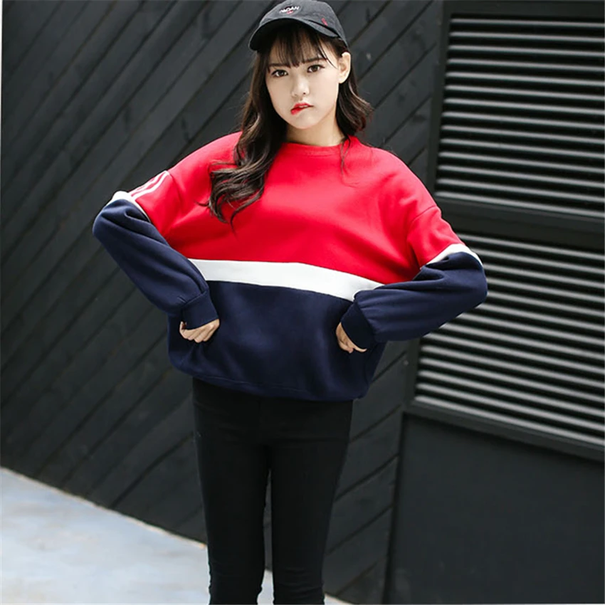  Autumn New Spell Color Stitching Harajuku Women Hoodies Pullover Fleece Loose Female Tracksuits Cas
