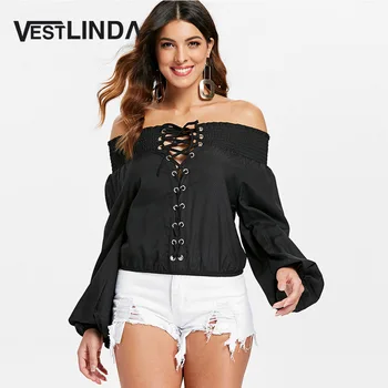 

VESTLINDA Lace Up Elastic Off Shoulder Top Blouse Shirt Long Sleeve Casual Blouse Womens Tops and Blouses Blusa Feminina Clothes