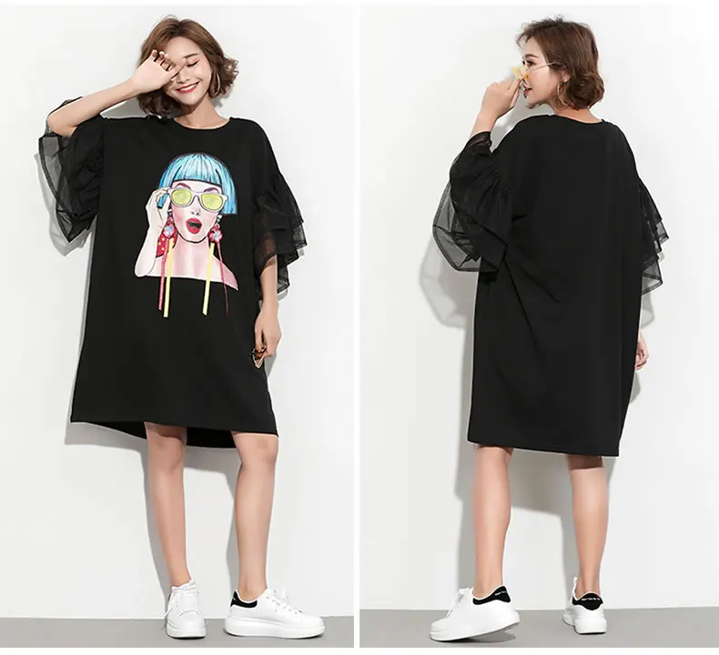 XITAO Сращивание ленты мультфильм шаблон платье для женщин слоеного сетчатого рукава размера плюс Повседневные Вечерние платья черного цвета корейский стиль лето DLL2106