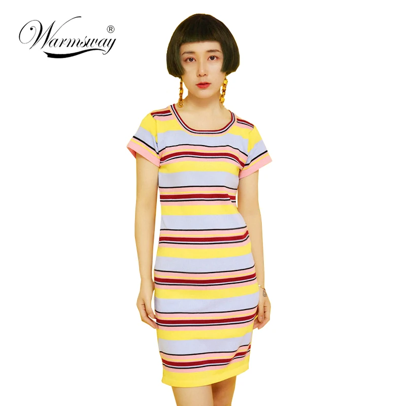 Striped Dress Short Sleeve Bright Splicing Color Long Knit Dress Fashion Basic Elegant Slim Knitted Dress B-115