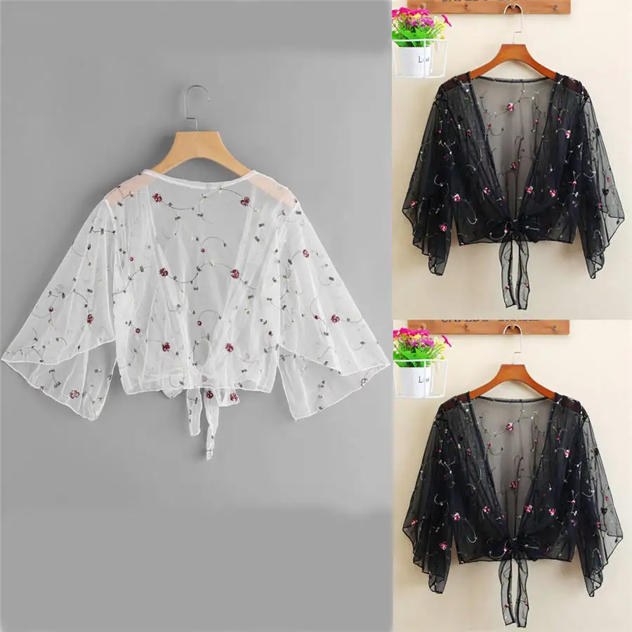 Women Cardigan Mesh Embroidery Shawl Breathable Summer Thin Jacket Coat Loose Lace Tops Long Shirts 2019 NEW | Женская одежда
