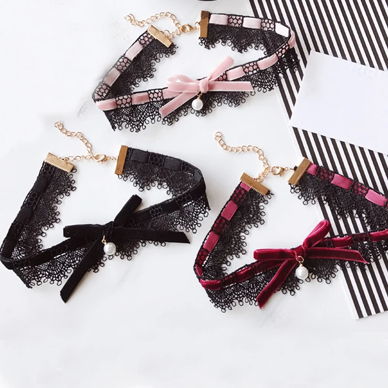 

Gothletic New Black Lace Sexy Choker Necklace Velvet Bowknot Pearl Drop Collar Necklace for Women 90's Steampunk Wedding Jewelry
