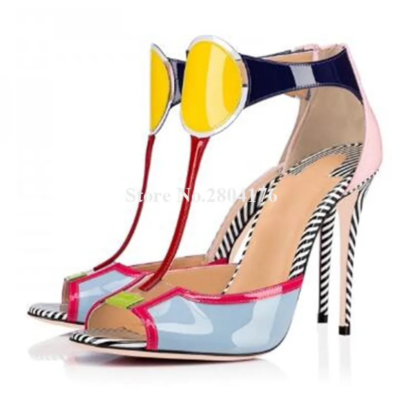 

Brand Design Women Fashion Patent Leather Patchwork Stiletto Heel Sandals T-strap Back Zipper-up High Heel Sandals Dress Heels