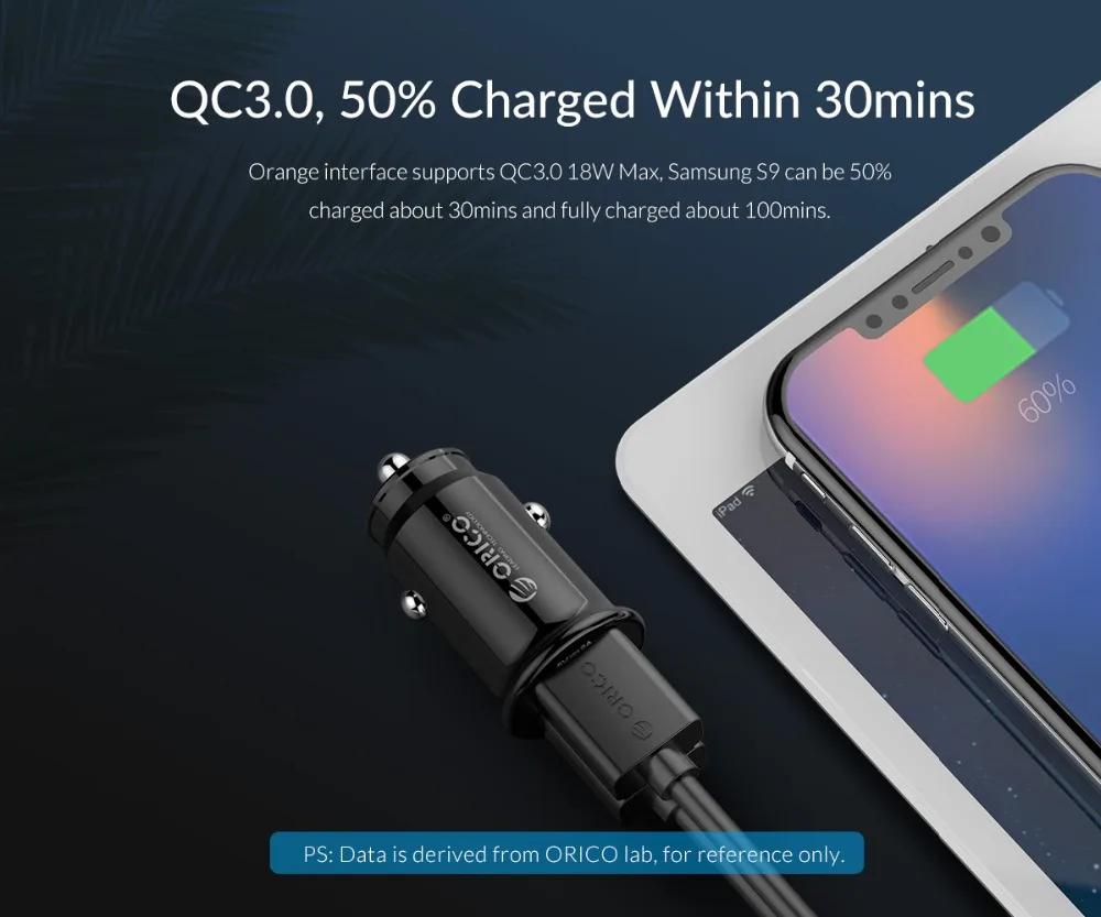 ORICO QC3.0 20 W البسيطة شاحن سيارة سريعة تهمة 3.0 المزدوج USB للهاتف المحمول شاحن ل هاتف لوحي GPS سريع شاحن سيارة-شاحن