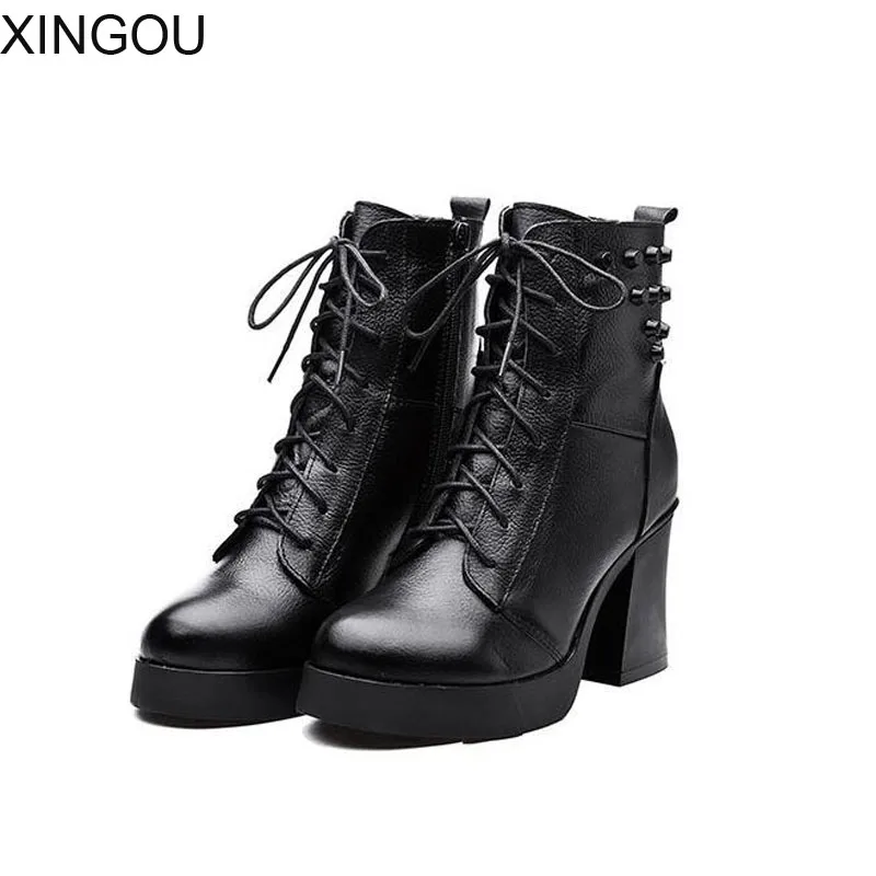 

Spring Women boots leather 8cm high-heeled boots Round Toe Lace-Up martin boots Fashion 2018 new female boots with zipper