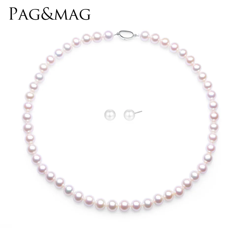 

PAG&MAG Genuine Natural Pearl Jewelry Sets for Women 9-10mm Necklace Earring Pearl set Wedding Anniversary Baroque Pearl Jewelry