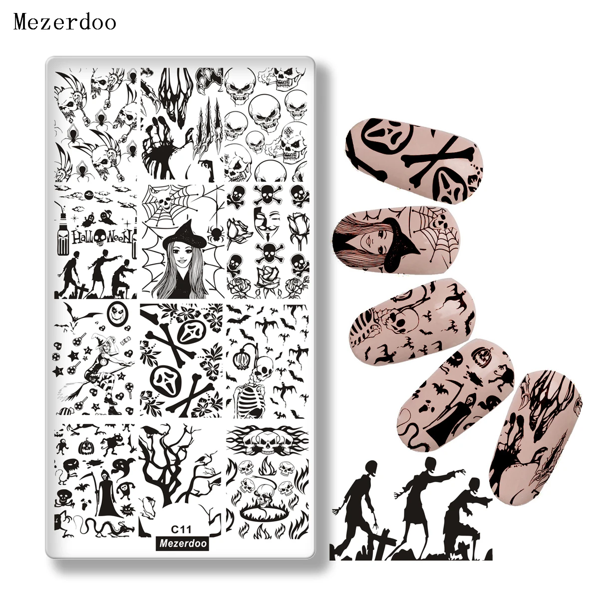 

Halloween Rectangle Manicure Stamp Template 12*6cm Nail Art Image Plate Celebration Skeleton Designs Image Transfer Mezerdoo C11