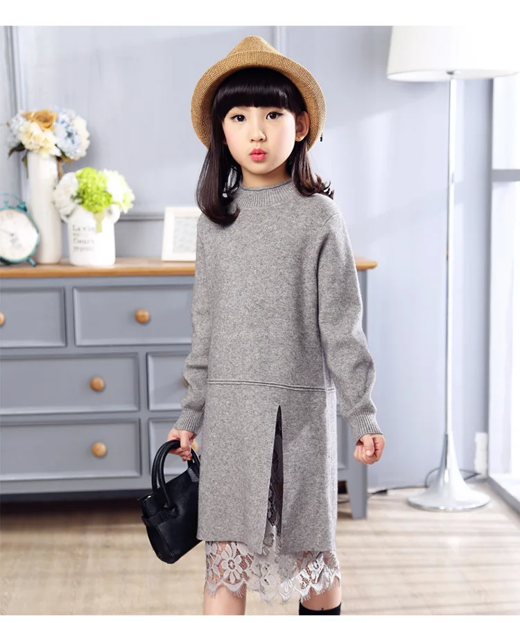 Новое зимнее платье-свитер для девочек, кружевное трикотажное платье с разрезом, длинное стильное детское платье с высоким воротником, RT318