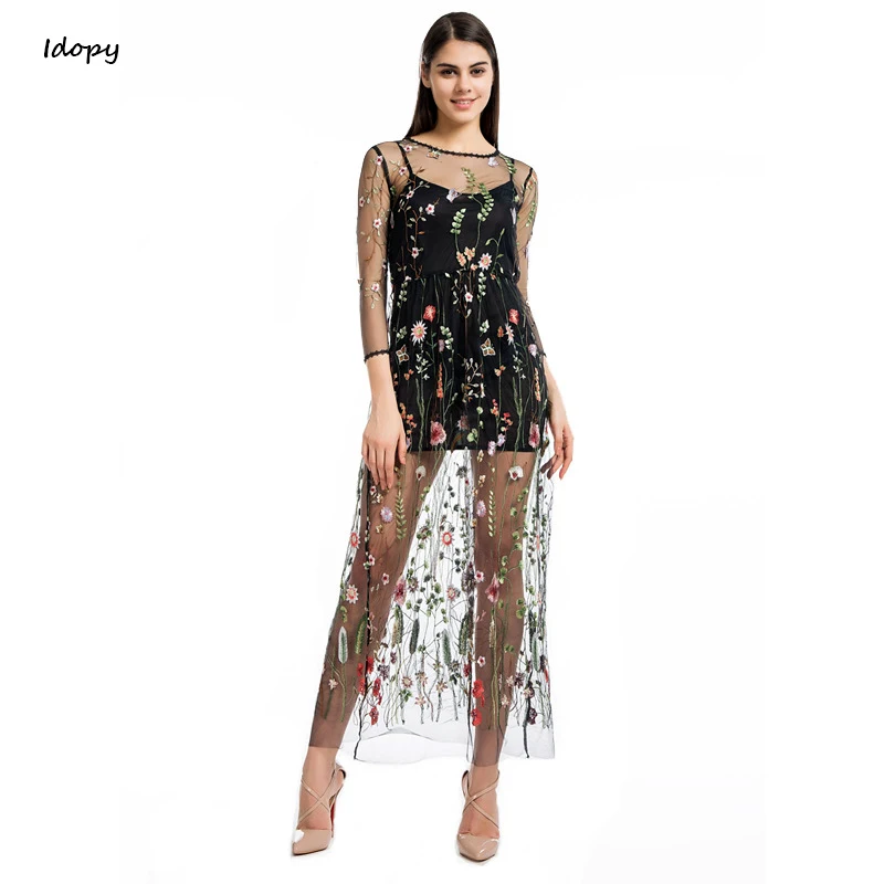 

Idopy Summer Embroidery Party Dresses Runway Floral Boho Flower Embroidered 2 Pieces Vintage Boho Mesh See Through Dresses