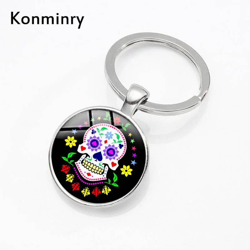 

Fashion Flower Skeleton Key Chains Holder Glass Sugar Mexico Skull Keyrings Colors Pattern Silver Plated Car Bag Jewelry