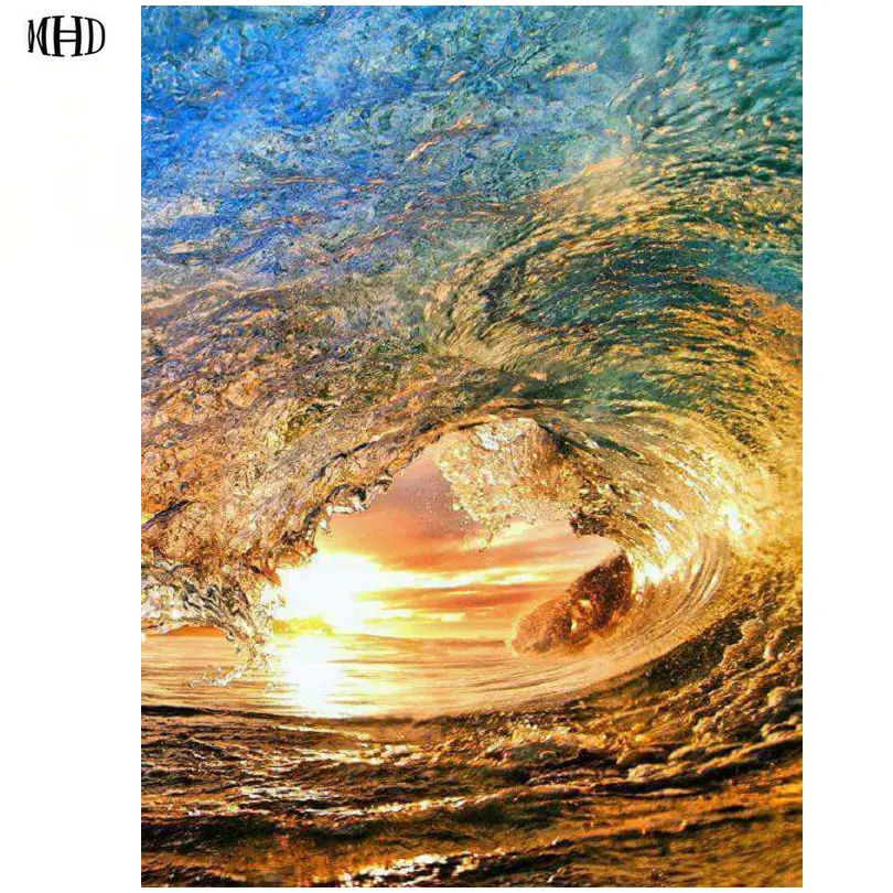 MHD DIY 5D diamond painting Sea giant wave Setting sun pictures of