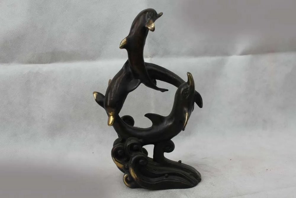 

11"China Chinese Bronze Art beautiful excellent Three dolphin Play Statue