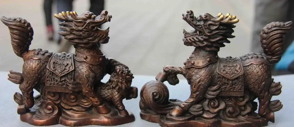 

Chinese Royal Red Copper Feng Shui Evil Foo Dog Lion Kylin Kilin Kirin Pair