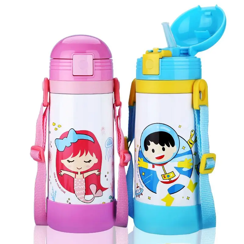 450ML Antibacterial Strap Children's Thermos Cup with Straw Stainless