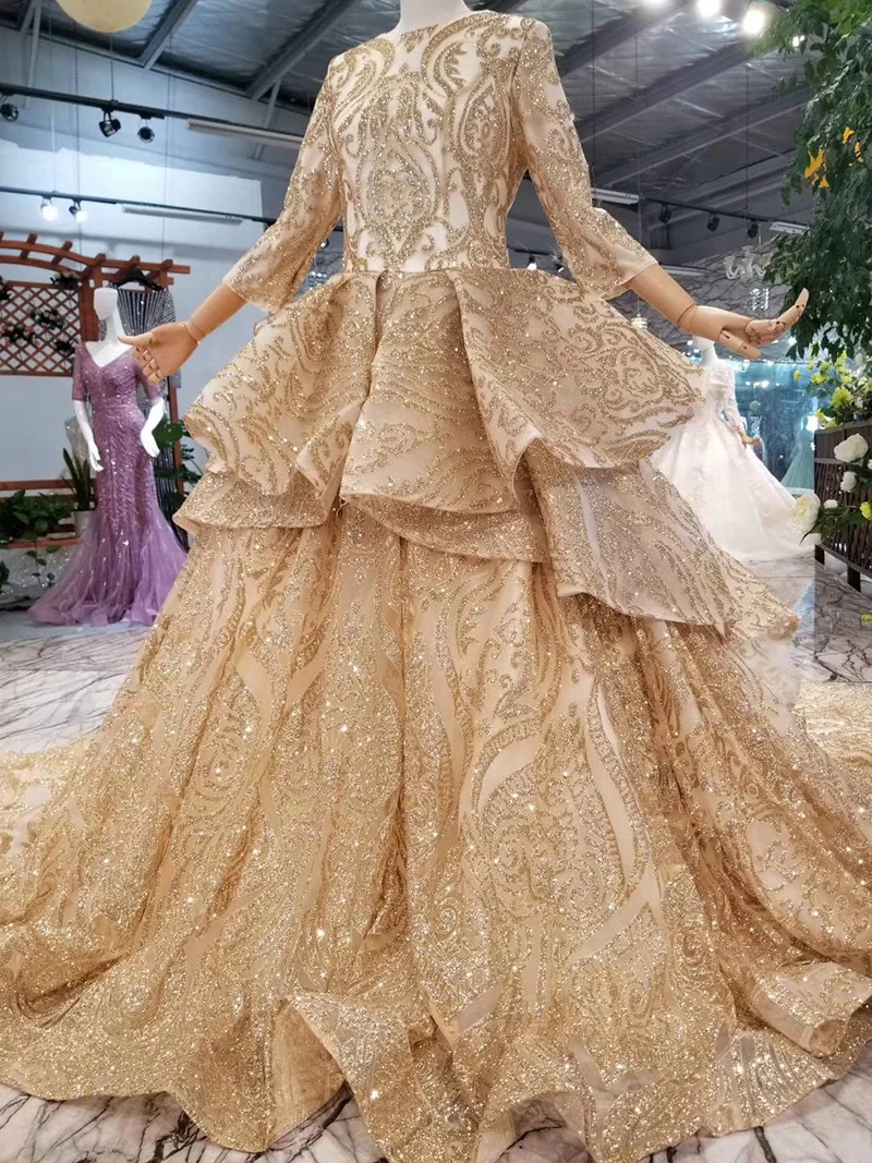Vivian's Bridal Роскошные ручной работы блестки, Бисер Кружева полный платье Золото Многослойная пряжа мусульманское три четверти Формальное вечернее платье