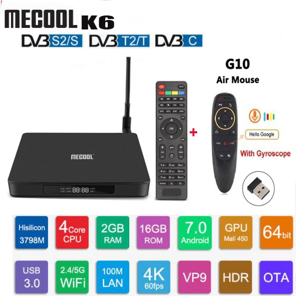 

Mecool K6 TV Box DVB-T2 DVB-S2 DVB-C 3D 4K 2.4G/5G WiFi H.265 USB3.0 Set Top Box With HiSilicon HI3798 Chipset Optical Port
