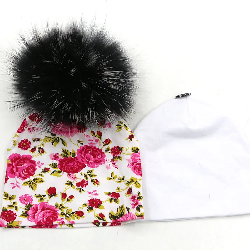 GZHilovingL из 2 предметов 0-5 месяцев из хлопка для мальчиков и девочек шапка с натуральным меховым помпоном шапка, сезон осень-зима детские твердая шляпа шапка с меховым помпоном для девочек - Цвет: flower pink -w