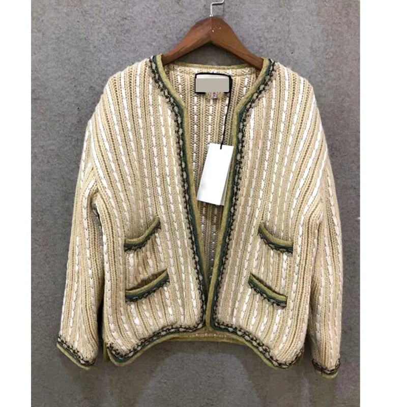 

Runway Designer Luxury Brand Sweater for Women Gold Silk Trim Vintage Knitted Cardigans Beige