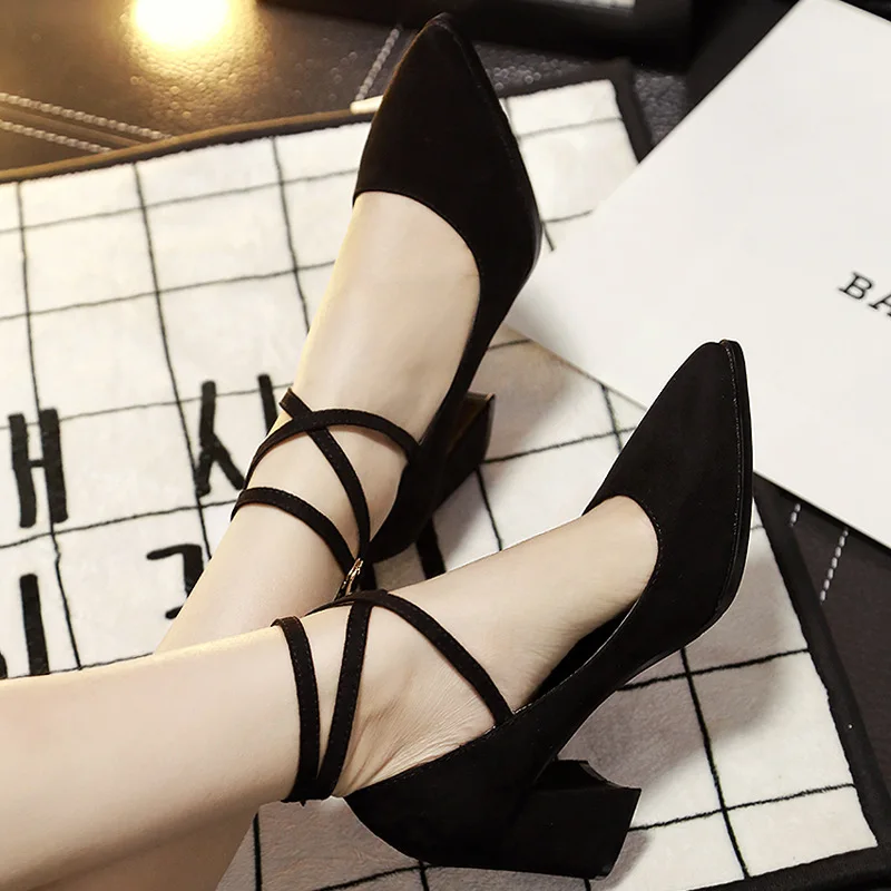 

Women Wedge Thick With High Heel Brand Designer Pumps Autumn Lace Up Party Shoes Woman Ladies Zapatos Mujer Black Grey Point Toe