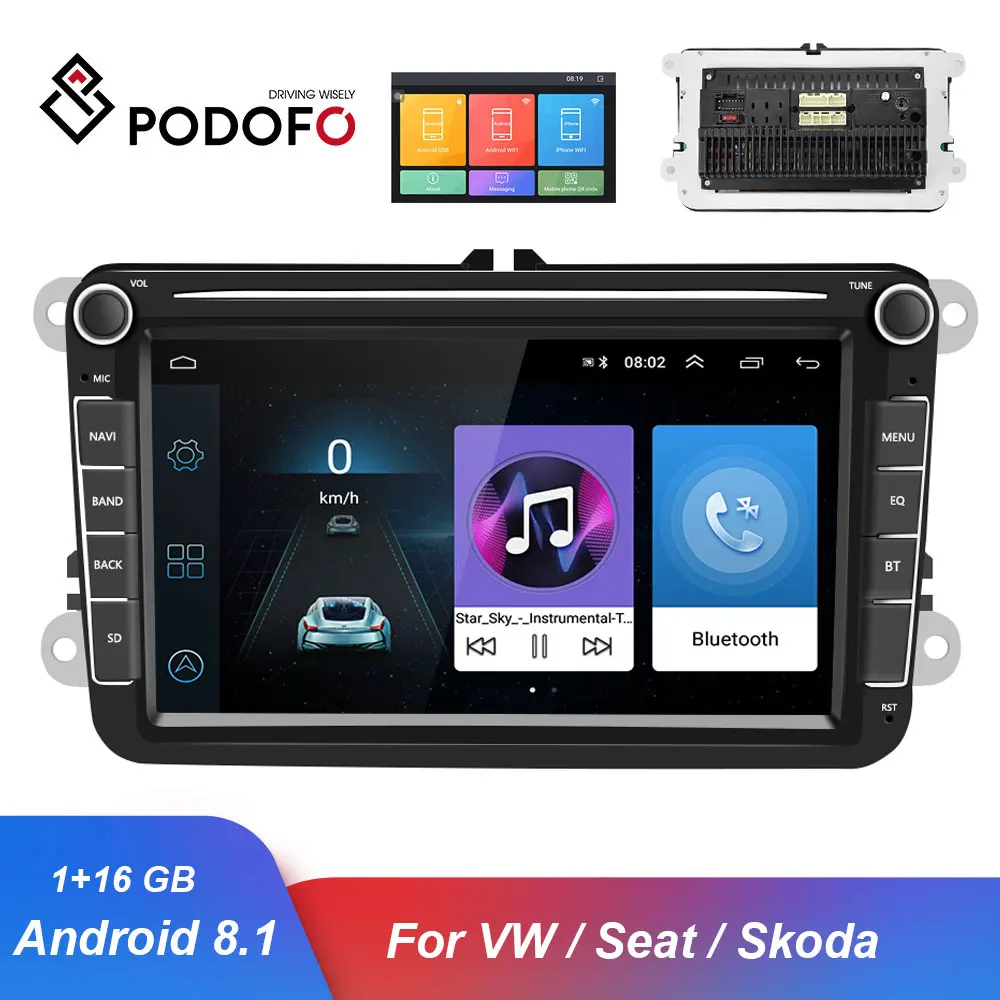 Podofo GPS Car Multimedia Player Android 8.1 Auto Radio 2 Din Audio Stereo Bluetooth Car Radios For Seat/Skoda/Passat/Golf/Polo