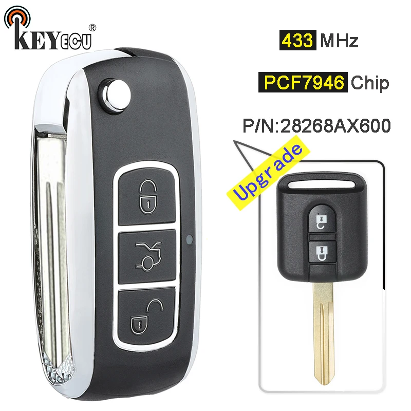 

KEYECU 433MHz ID46 PCF7946 Chip 2 Button Remote Key Fob for Nissan Cabster Micra Navara Note NV200 Pathfinder 5WK4 876/ 818